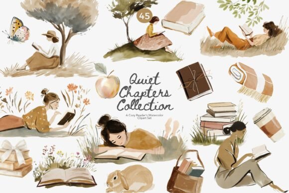 Download Cozy Reader Watercolor Clipart Set - Clipart Collection